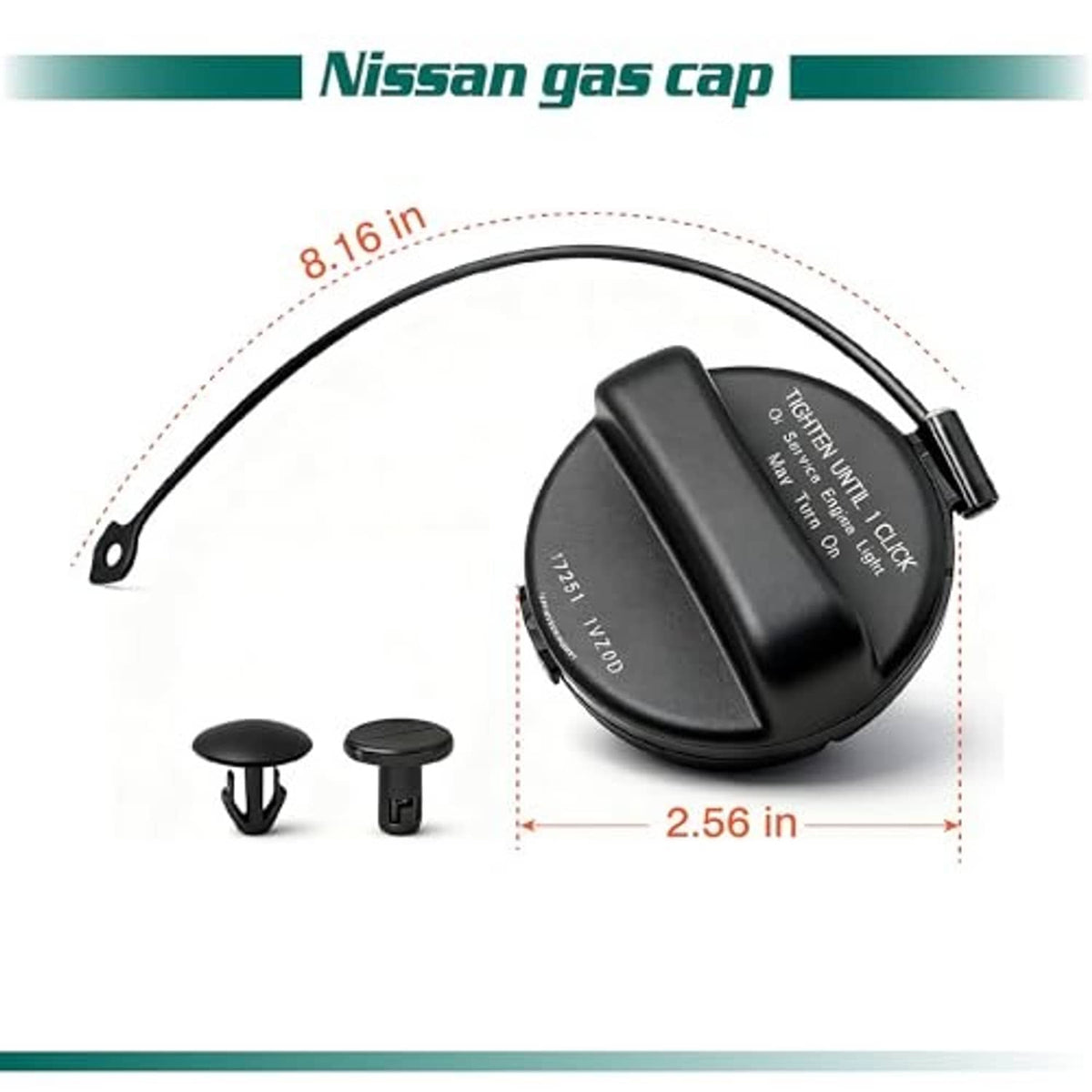 Fuel tank gas cap with tether loop and two clips, black, schematic view