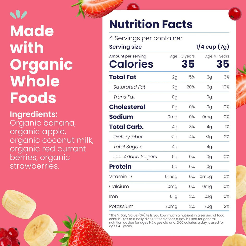 Amara smoothie melts nutrition facts panel showing 1/4 cup (7g) and 35 calories