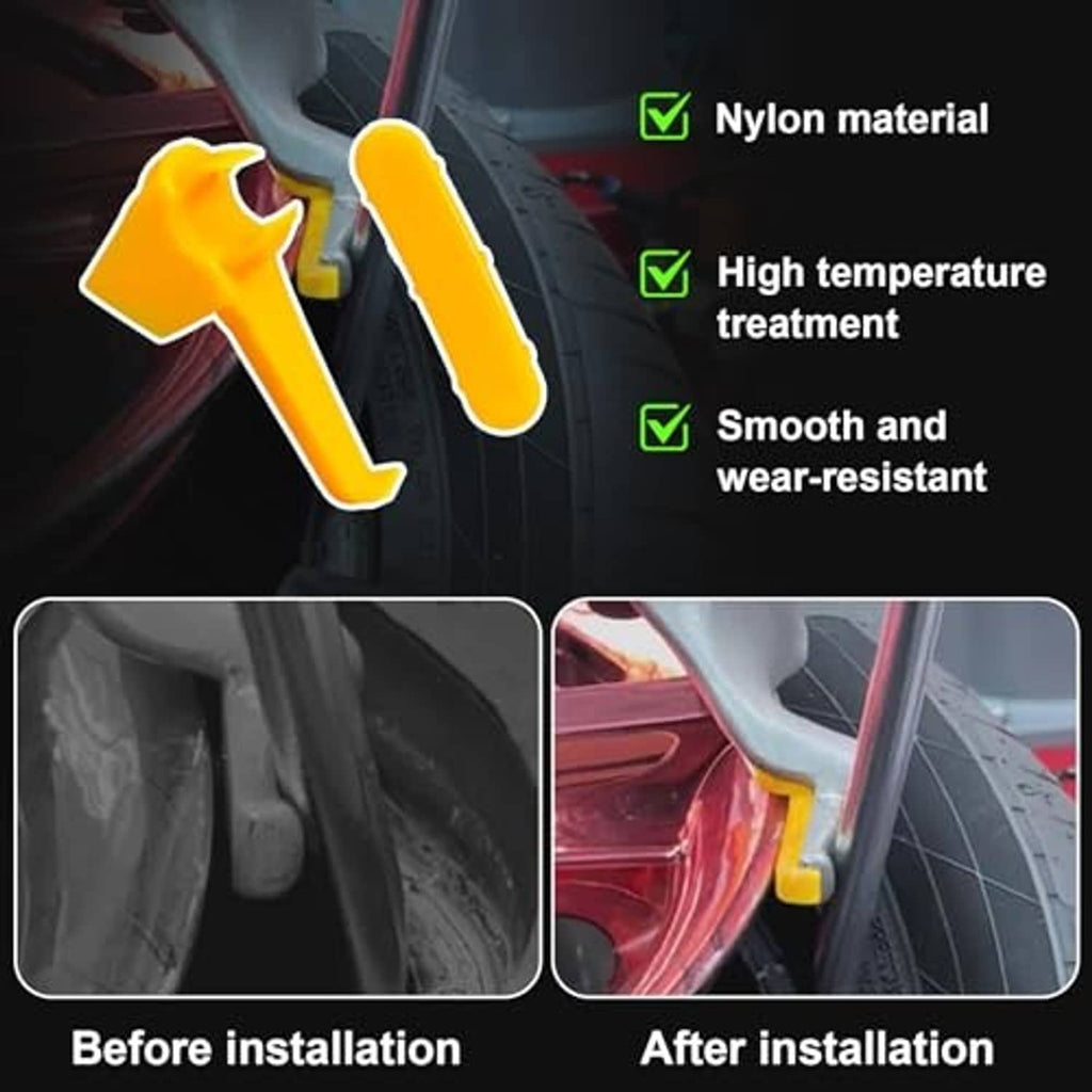 Yellow plastic tire rim protector insert with rounded head and two prongs