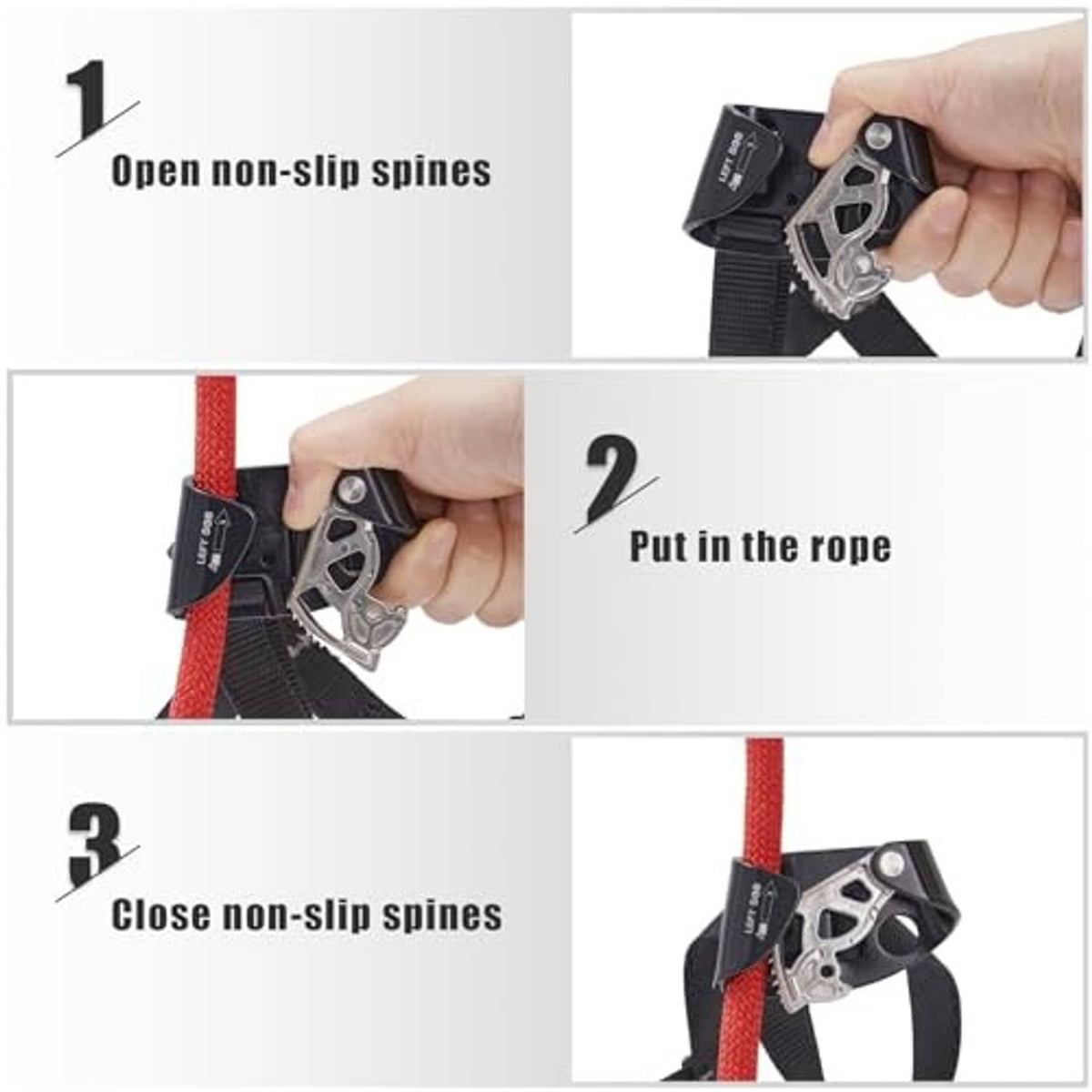 Climbing foot ascender showing open and closed non-slip spines for rope