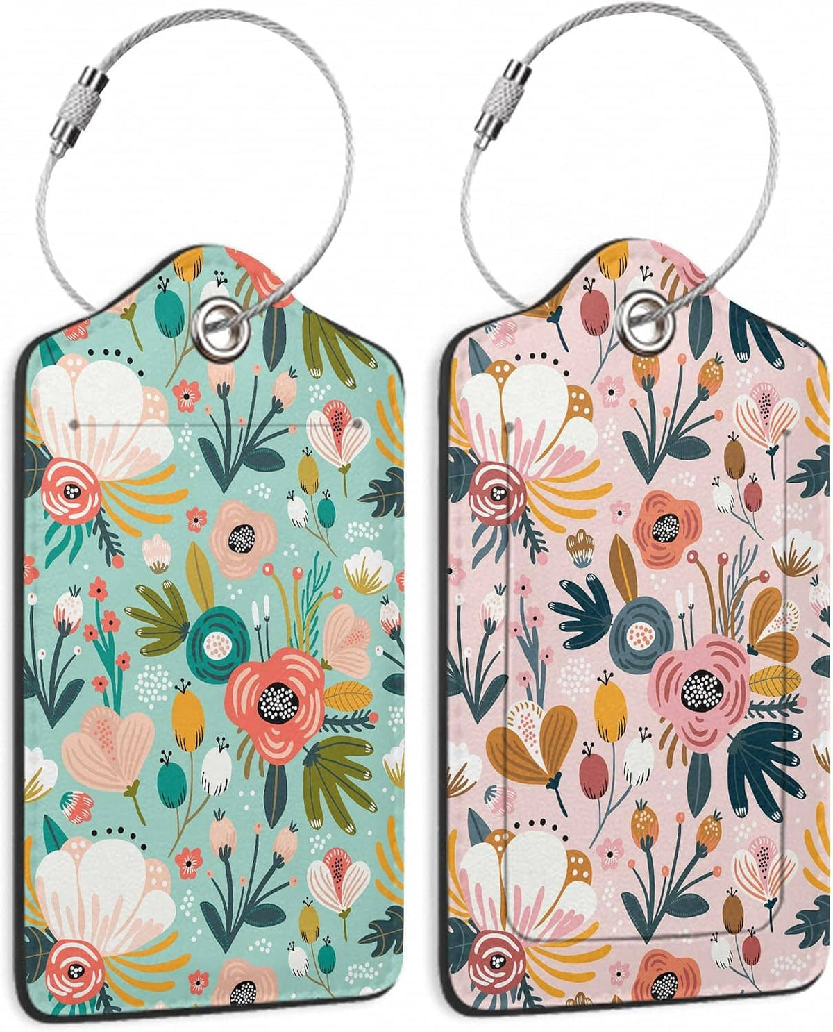 2-pack floral luggage tags, teal and peach, with metal ring and braided loop strap