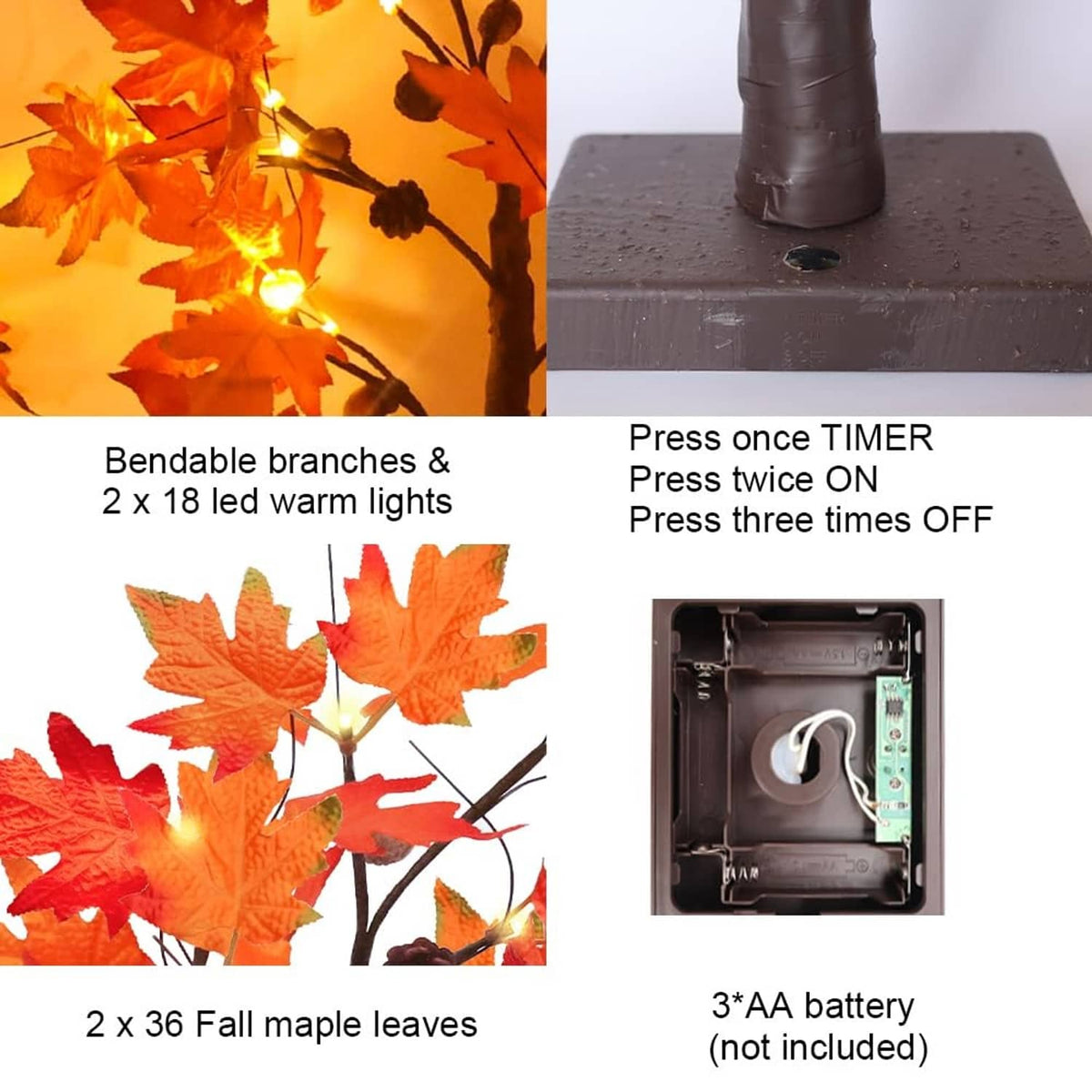 Lighted maple leaf fall tree with bendable branches and warm LED lights