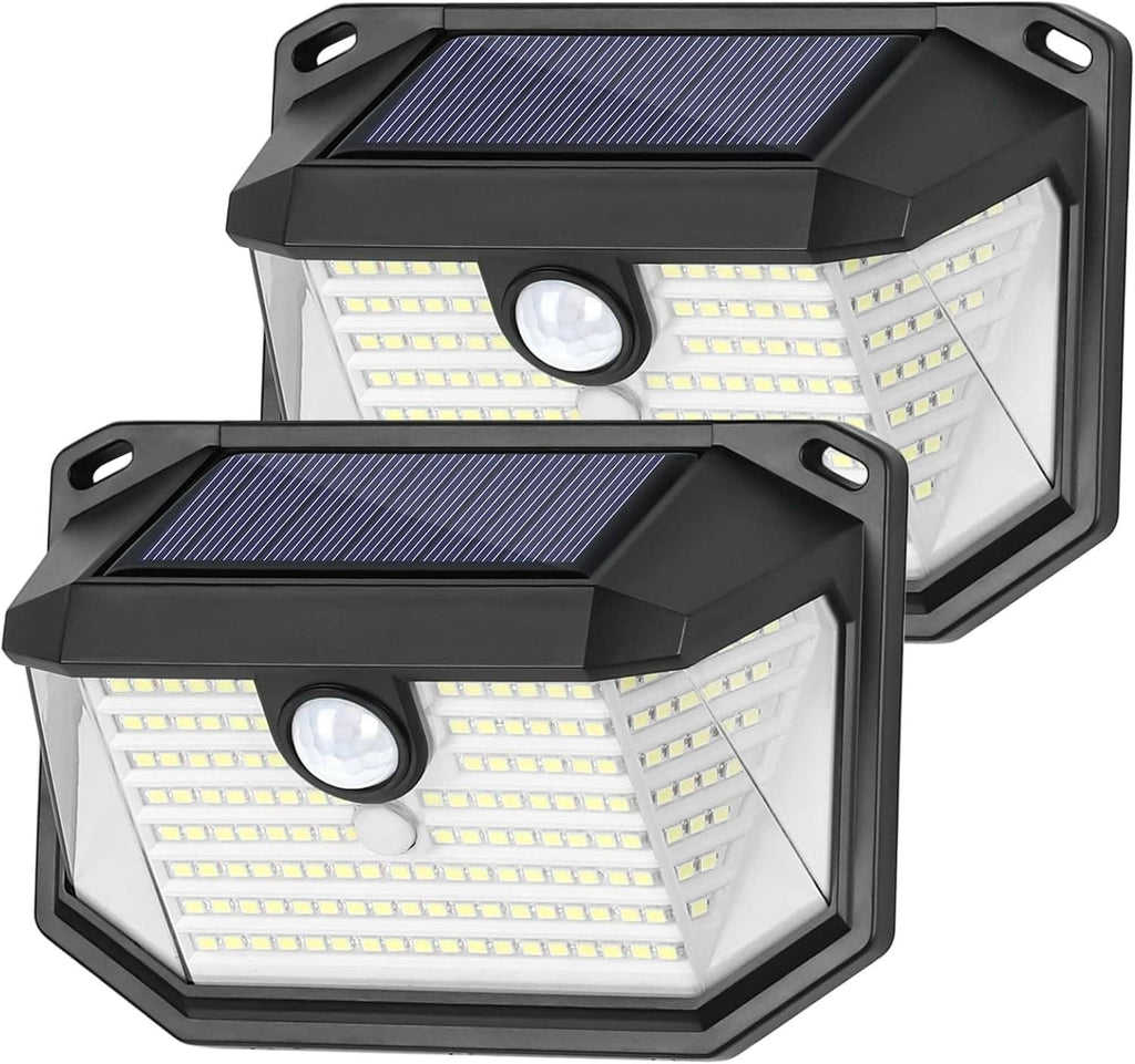 Two-pack solar wall lights with black housings and motion sensor lenses