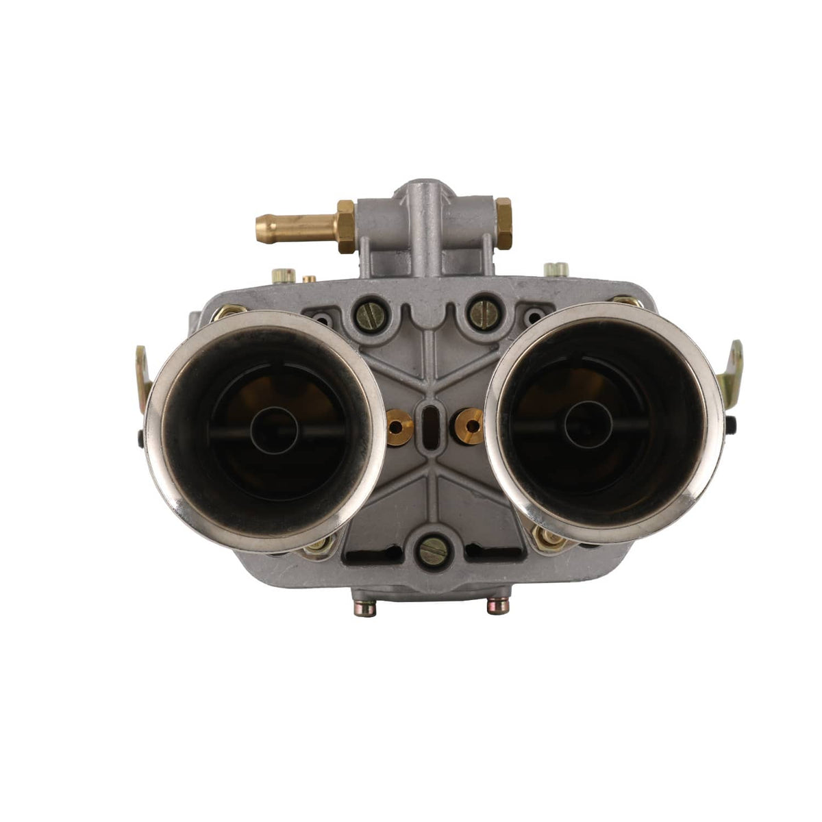 Carburetor body with two large circular intake openings and mounting hardware