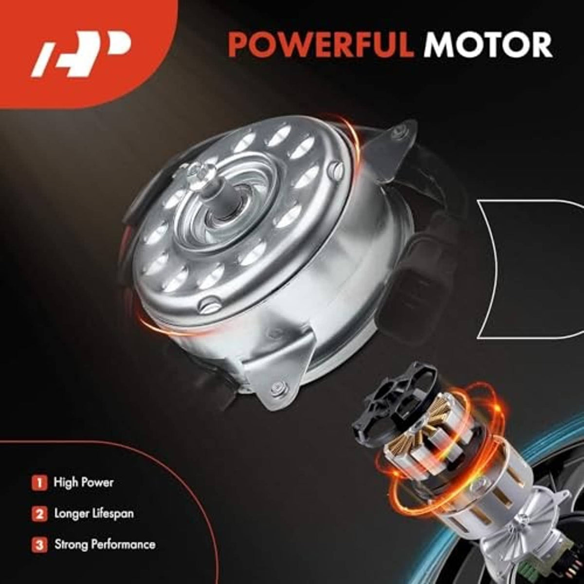 Radiator cooling fan motor with round metal housing and wiring harness