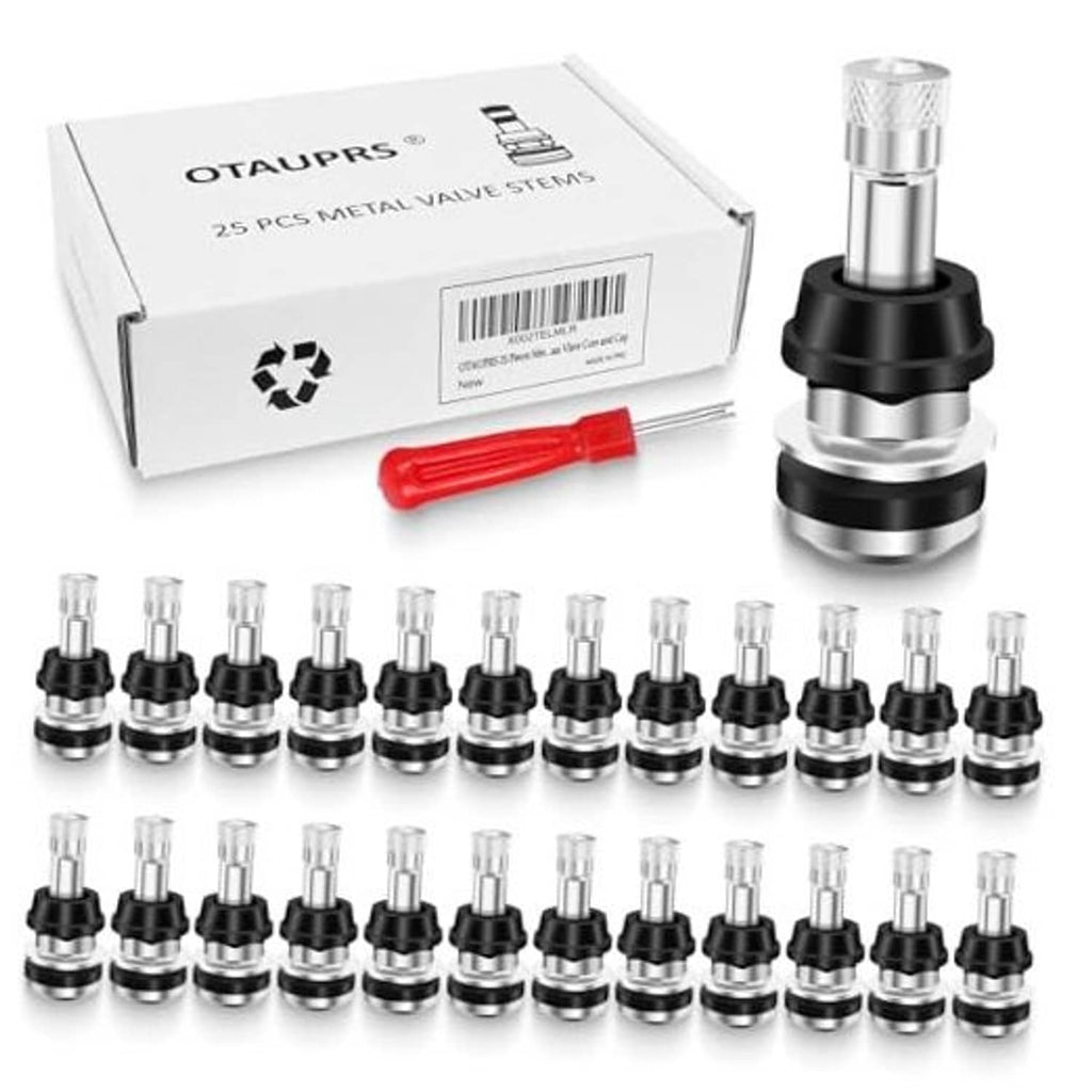 Set of metal tire valve stems with black clamp bases and clear caps, in retail box