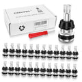 Set of metal tire valve stems with black clamp bases and clear caps, in retail box