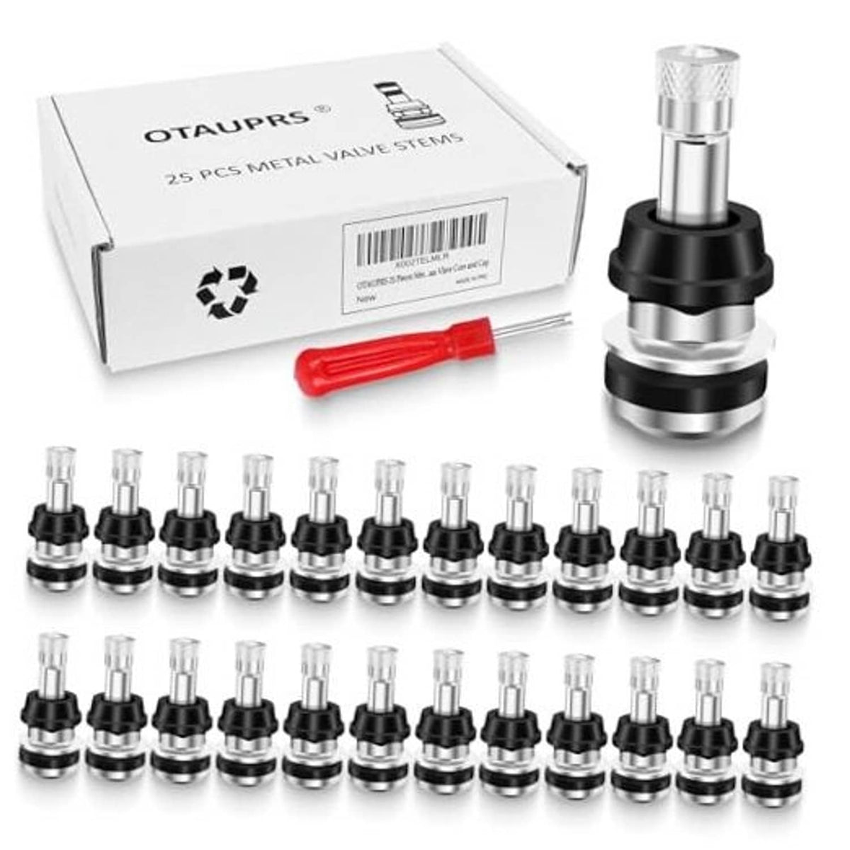 Set of metal tire valve stems with black clamp bases and clear caps, in retail box