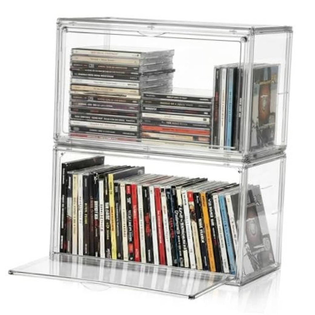 Clear plastic stackable DVD/CD storage box with open front, discs visible inside.