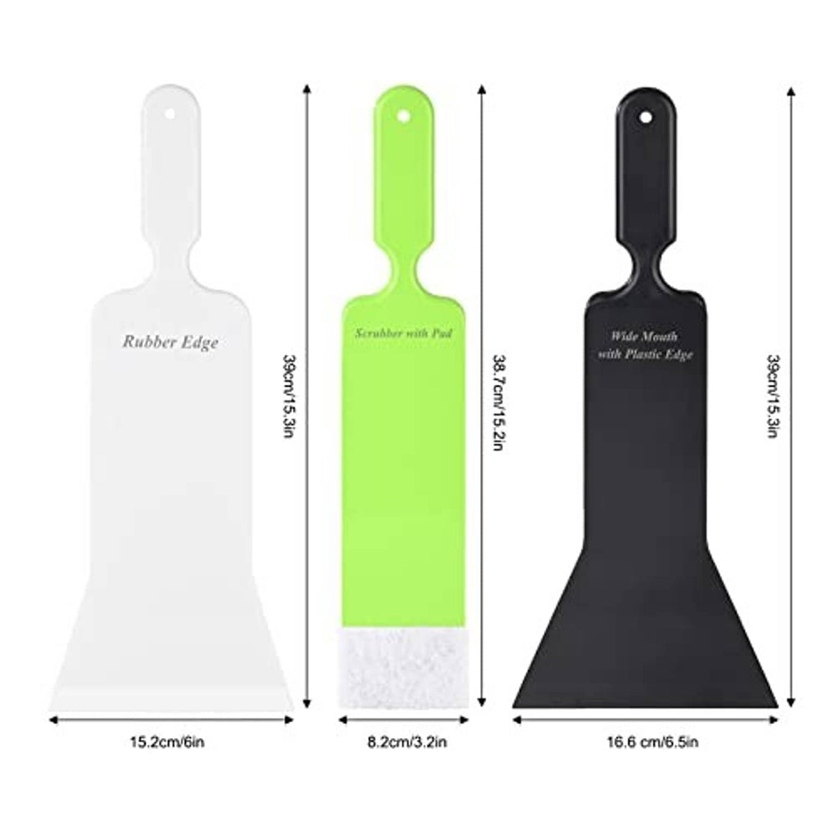 Three window tint squeegees with rubber edges: white, green, and black angled blades