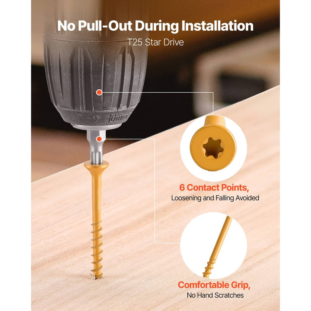 Gold T25 star-drive wood screw being driven into wood with drill bit