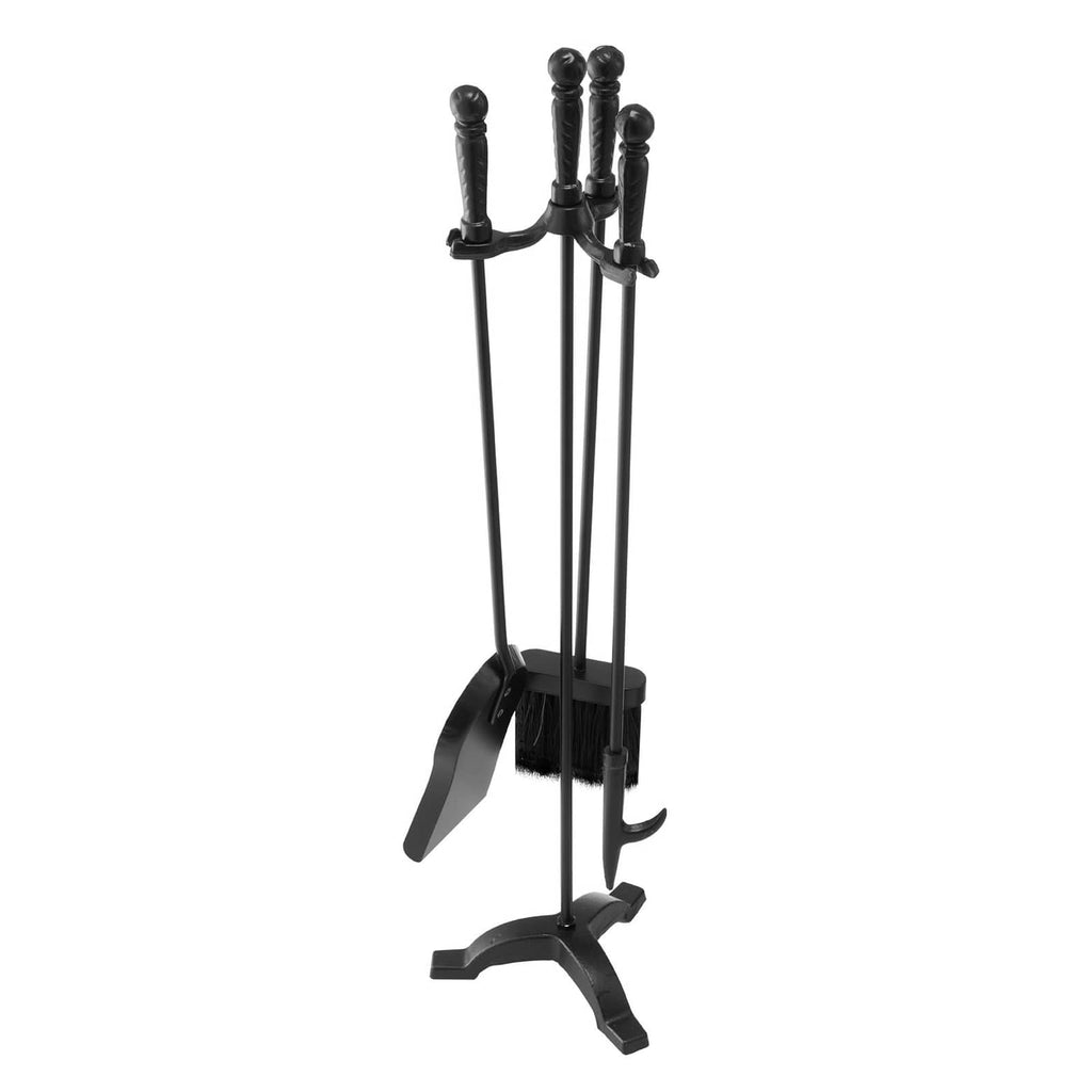 Black 4-piece fireplace tool set stand with poker, tongs, ash shovel, and brush tools.