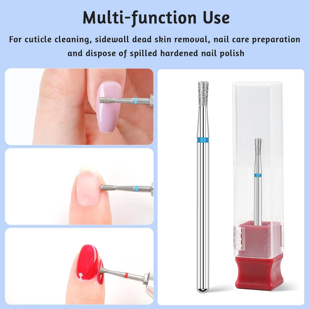 Two diamond nail drill bits with blue ring collars for cuticle cleaning and nail prep