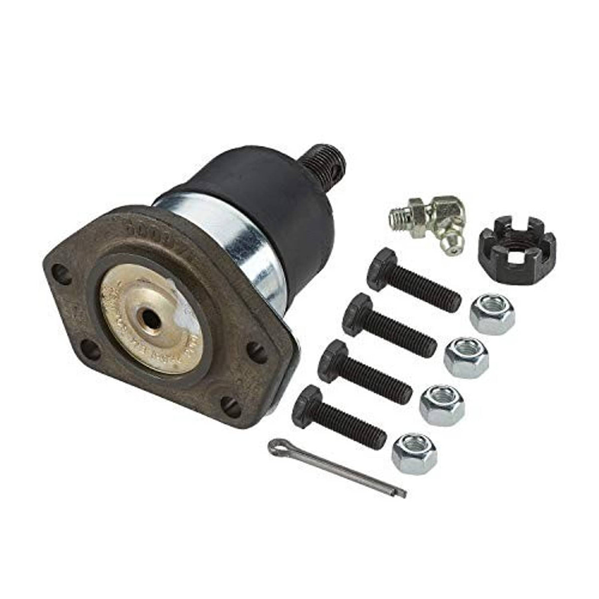 Front suspension ball joint with steel mounting plate, black rubber boot, and hardware