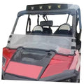 Half windshield with clear panel mounted on red UTV, with side mounting clips