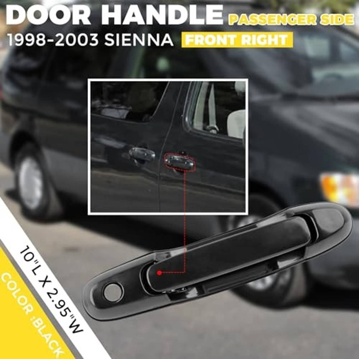 Black passenger-side front exterior door handle installed on vehicle door