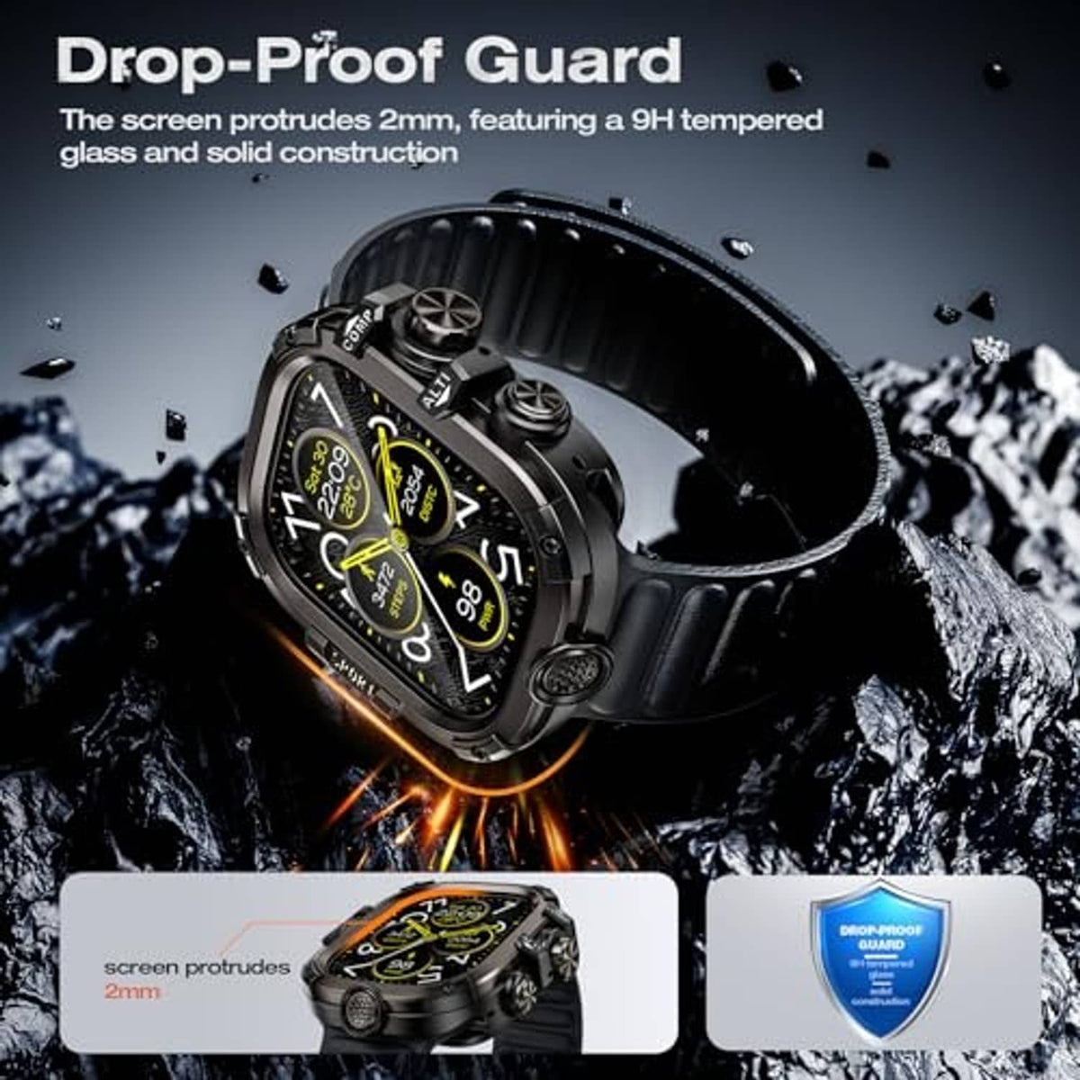 Black rugged smartwatch case with clear screen protector and drop-proof guard