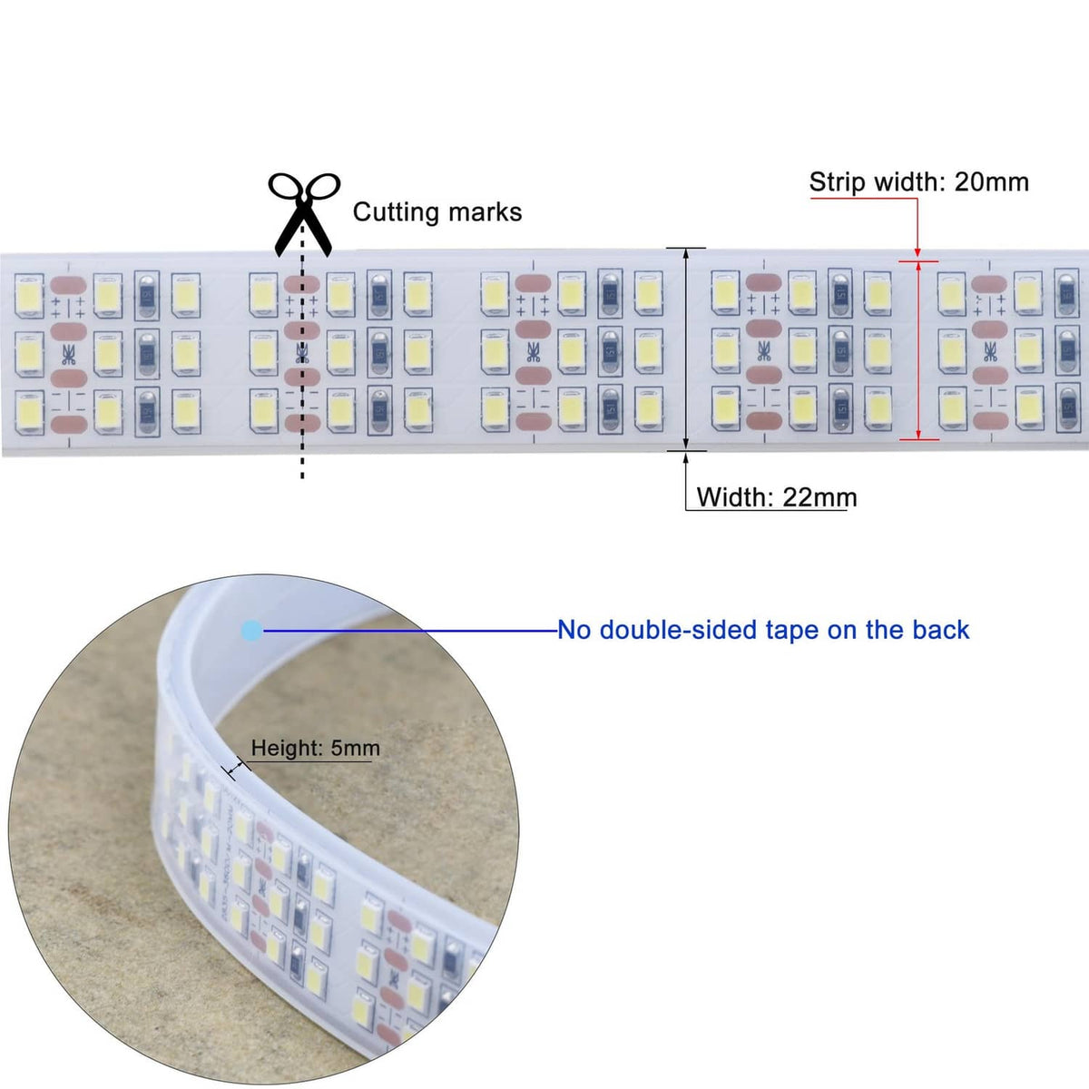 LED strip light diagram showing 20mm/22mm widths, 5mm height, and cut marks