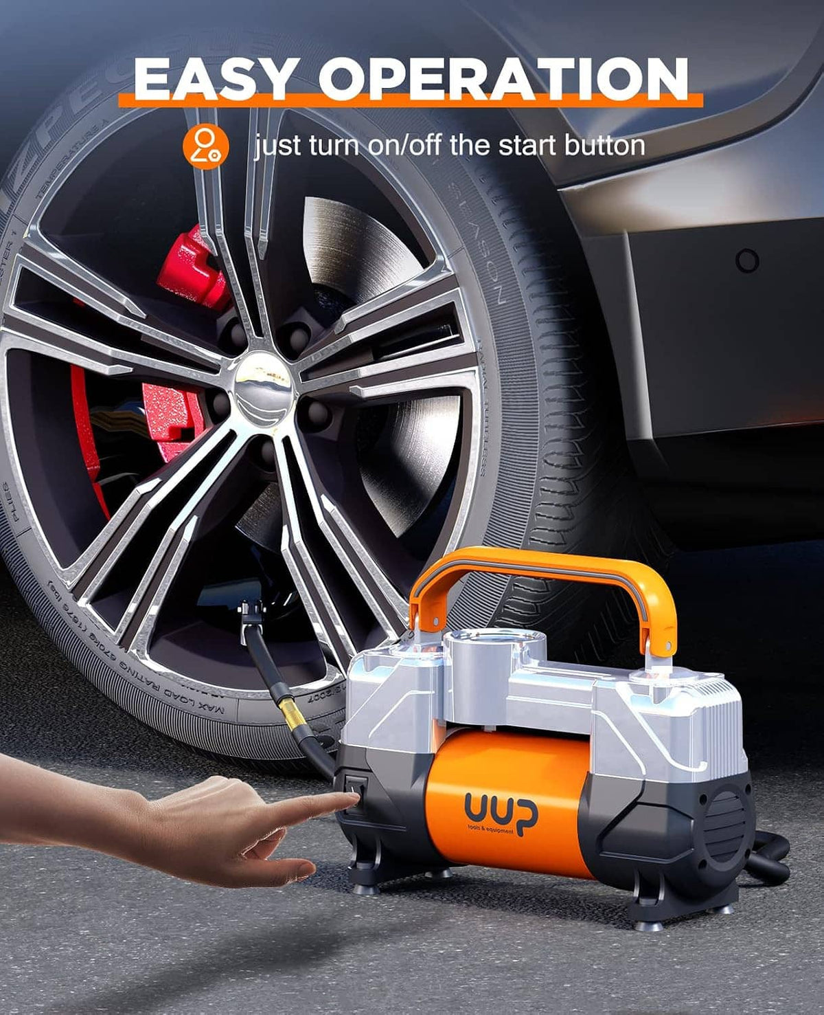 12V tire inflator air compressor inflating a car wheel with start/stop button