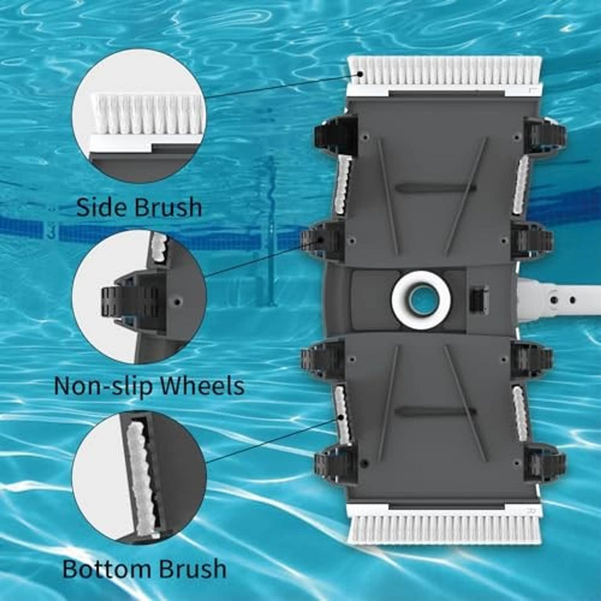 Blue pool vacuum head underside showing side brushes, non-slip wheels, bottom brush