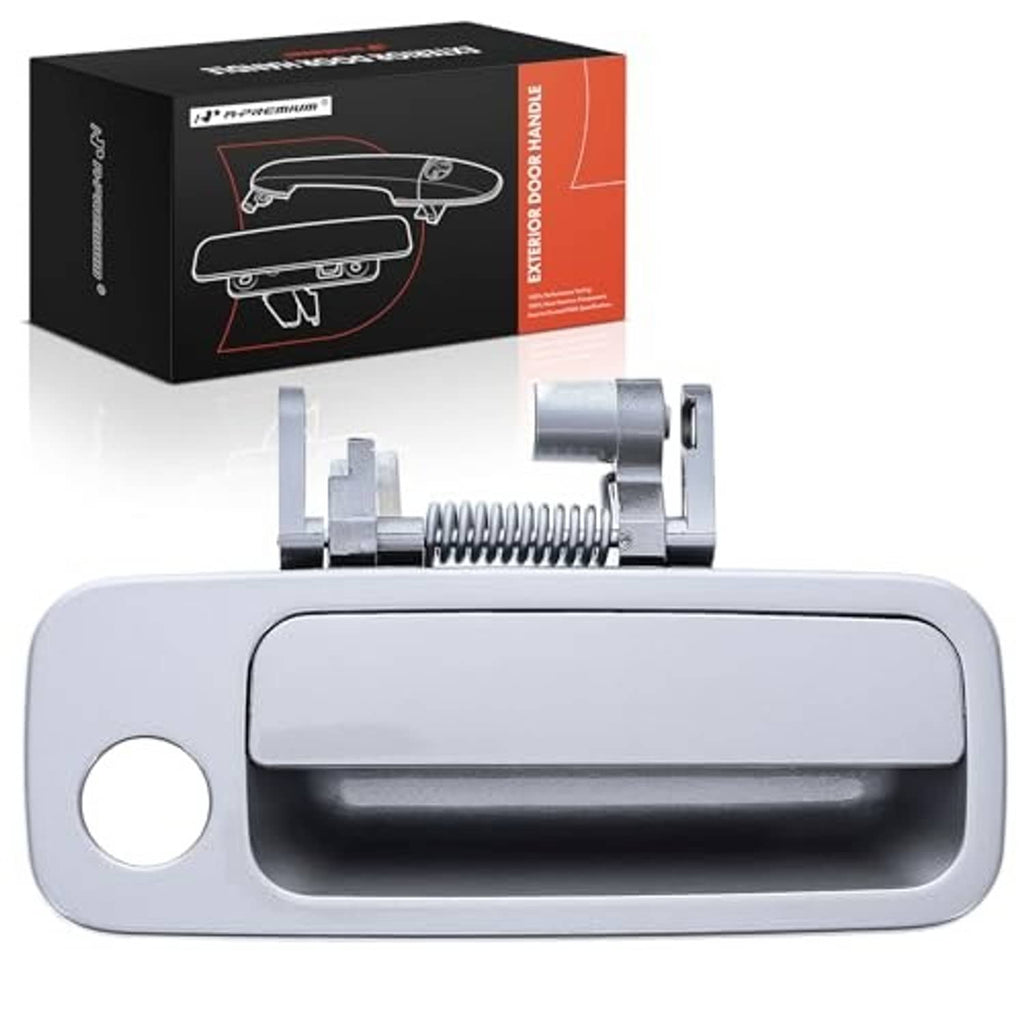 Pearl gray exterior door handle with silver metal lever and circular mounting hole