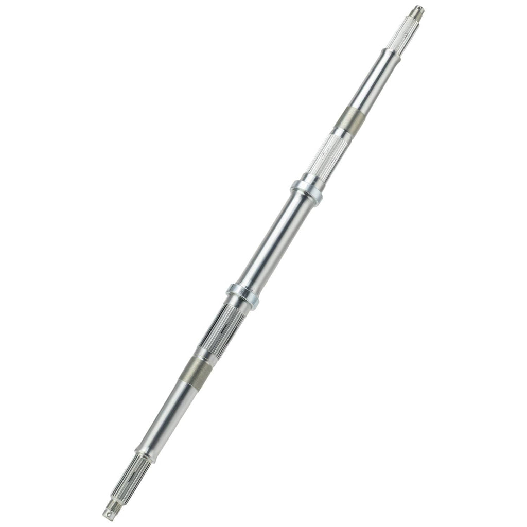 Straight rear axle shaft, silver metal with splined ends and bearing section
