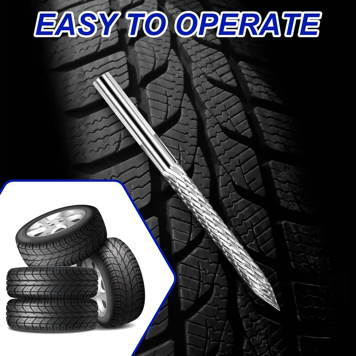 Tire reamer drill bit used on tire tread, silver shaft with textured cutting section
