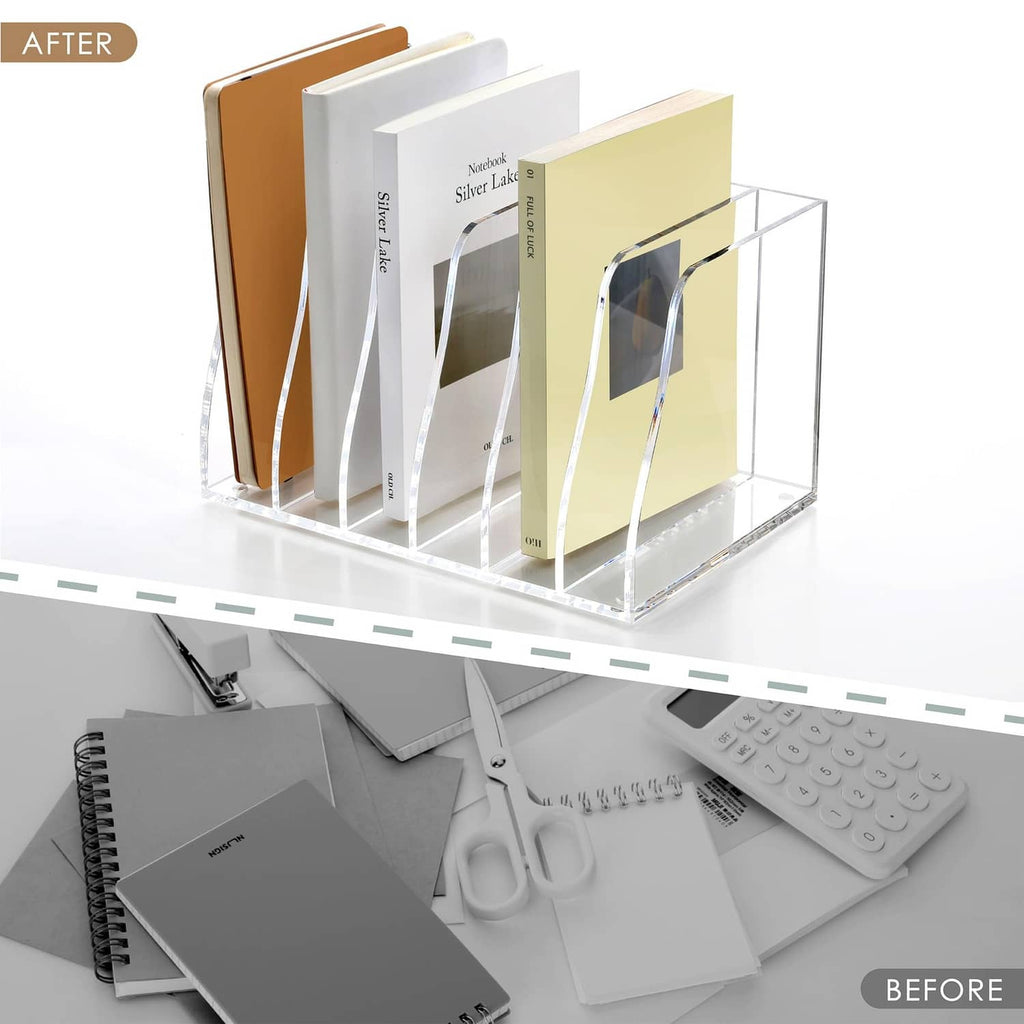 Clear acrylic 6-slot magazine file holder holding white, mint, yellow and brown files