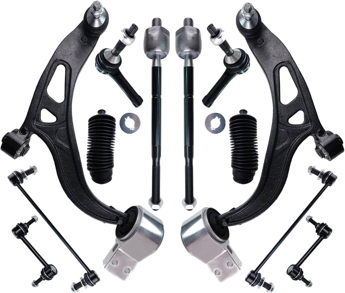 Pair of black control arms with ball joints, tie rod ends, boots, and hardware kit