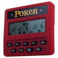 Red handheld poker electronic game with LCD display and hold, game, and deal controls.