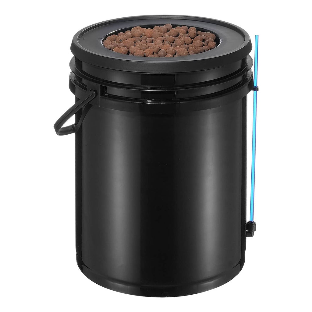 Black hydroponic grow bucket with top opening and blue tubing, clay pebbles