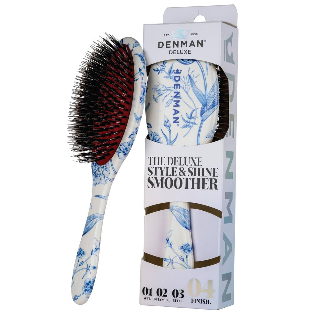 Denman boar bristle hair brush with red and dark bristles, white-blue floral handle