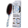 Denman boar bristle hair brush with red and dark bristles, white-blue floral handle