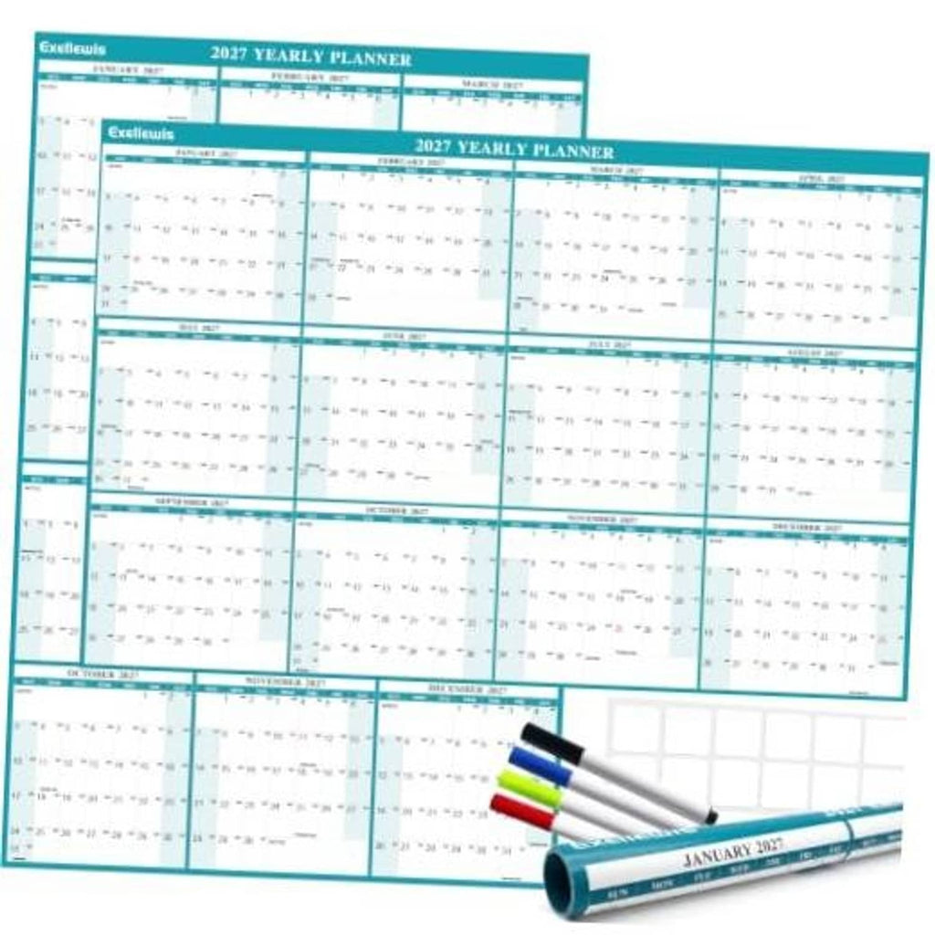 Teal laminated wet/dry erase 12-month wall calendar, 32 x 48 in, rolled up
