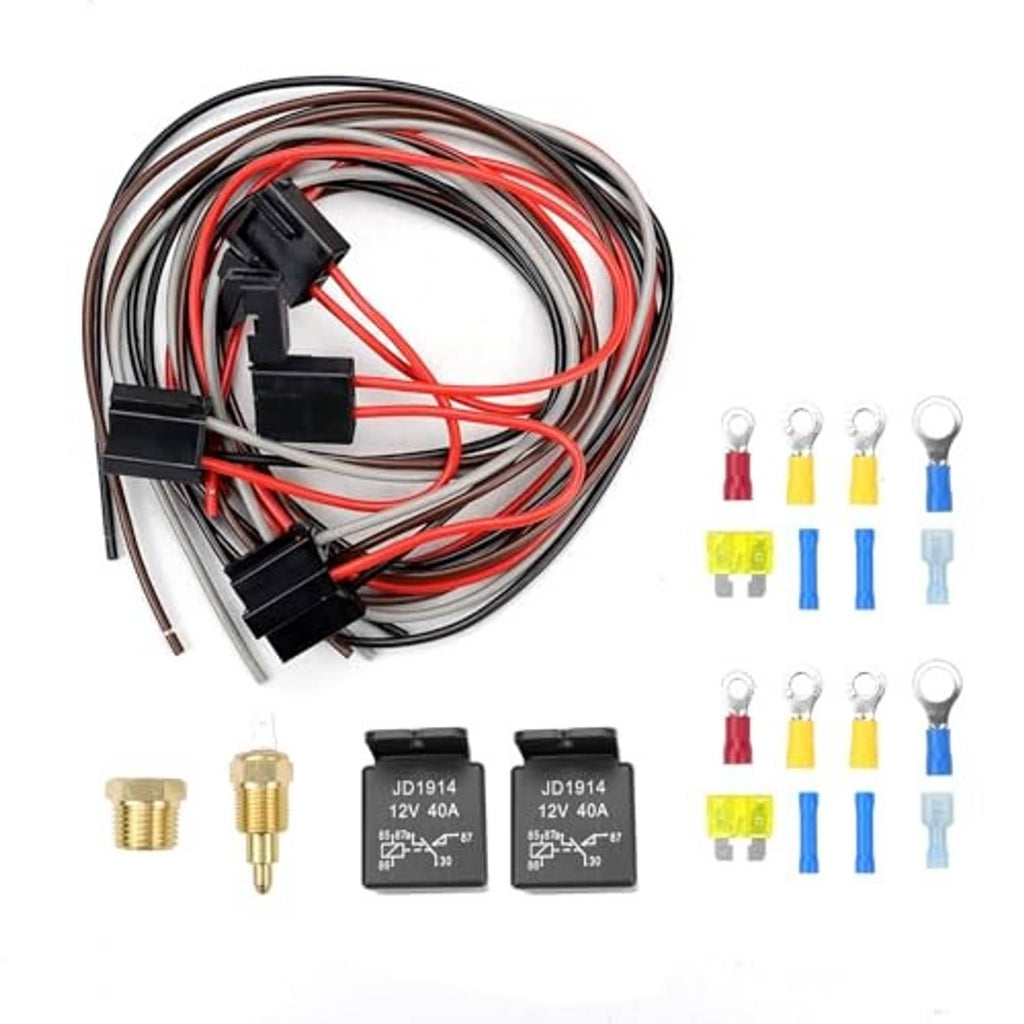 Dual electric fan relay kit with wiring harness, two relays, and color-coded fuse spades