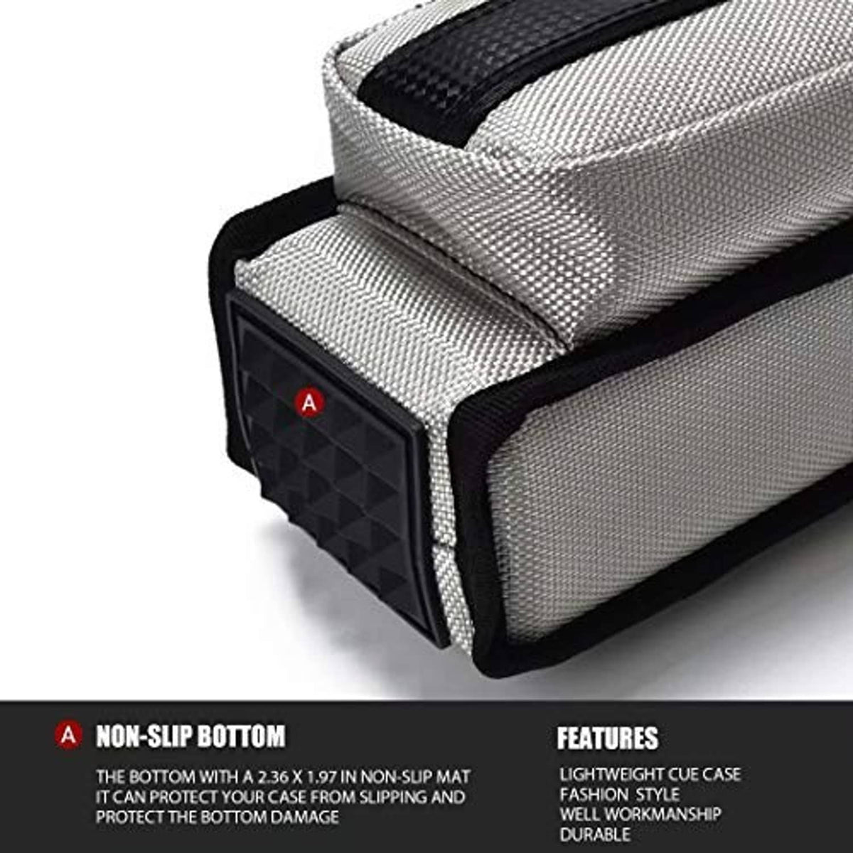 Silver gray hard cue case corner with textured exterior and black non-slip bottom panel