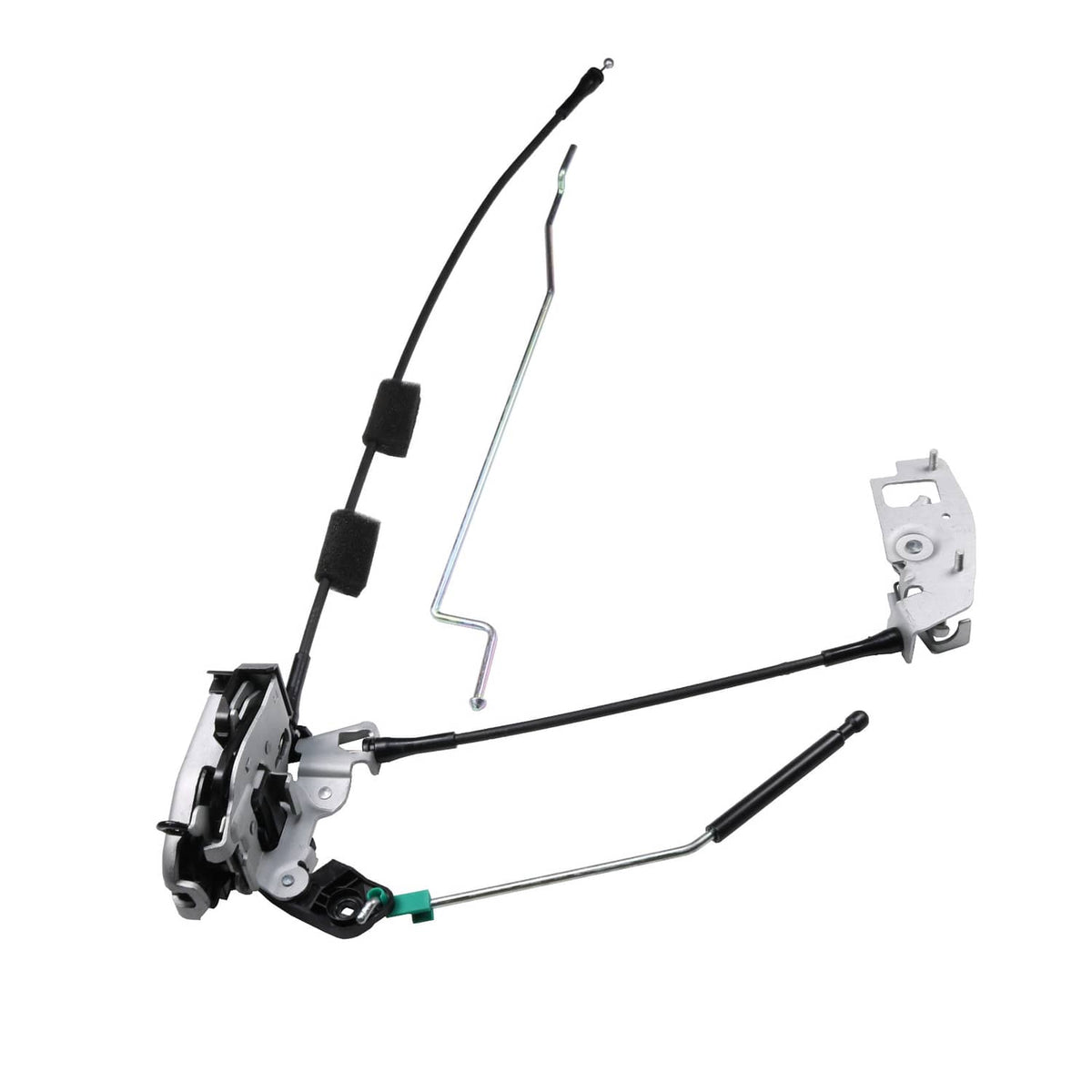 Rear cargo door latch assembly with release rod and metal actuator bracket, right side