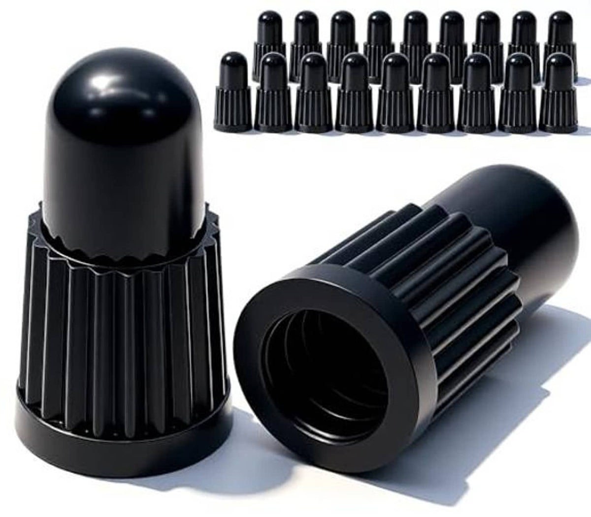 Black Presta valve caps bundle with several caps lined up on a white background