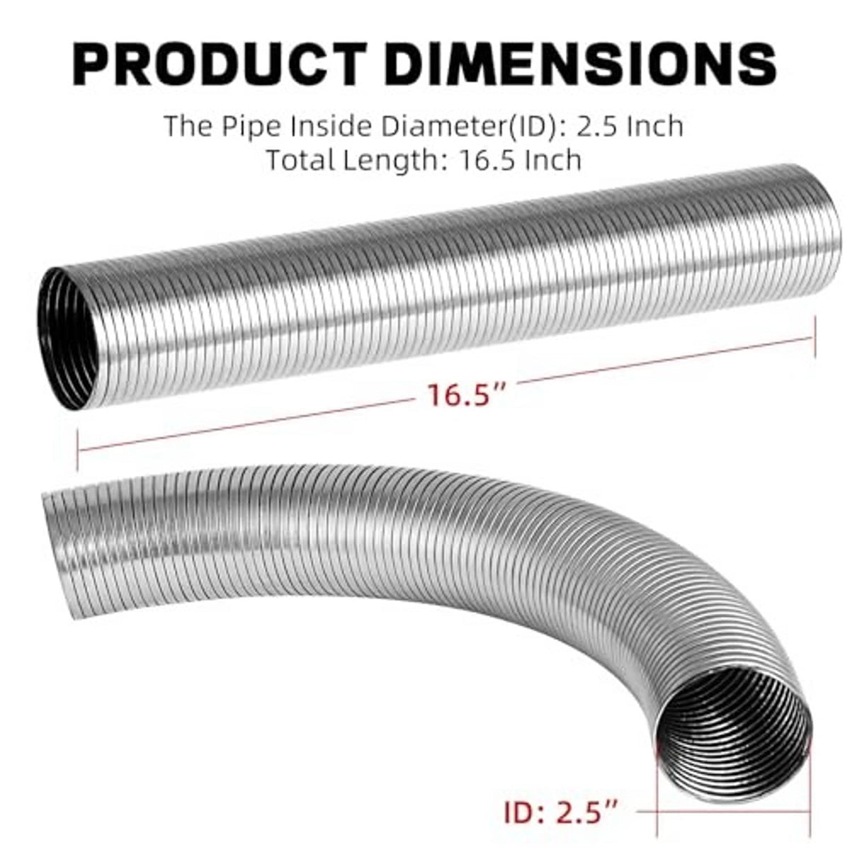Corrugated 304 stainless exhaust flex pipe showing 2.5 in ID and 16.5 in length