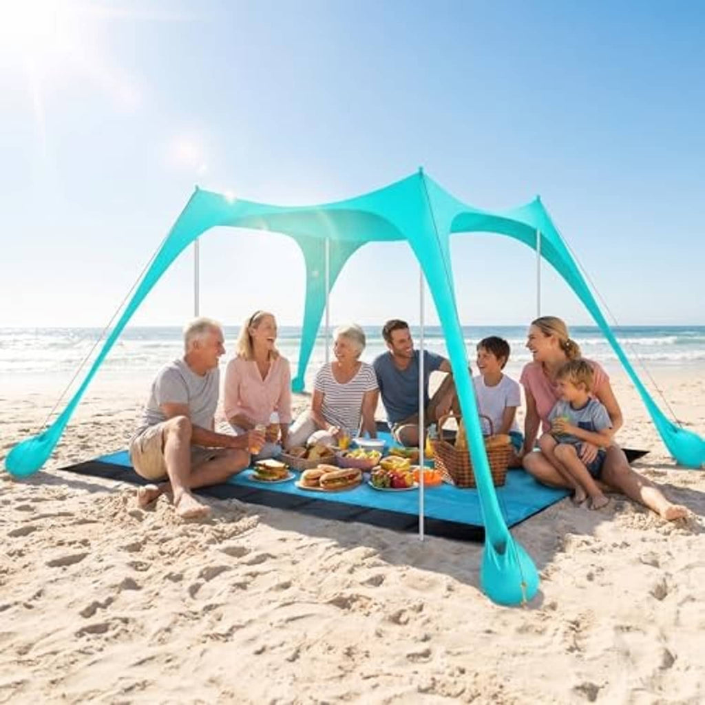 Beach tent frame with silver aluminum poles and black end caps