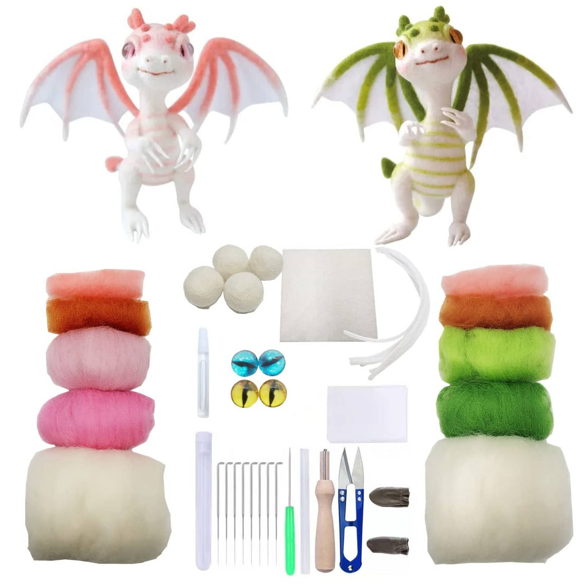 Needle felting kit with two dragon figures, wool roving, foam pad, needles, and accessories