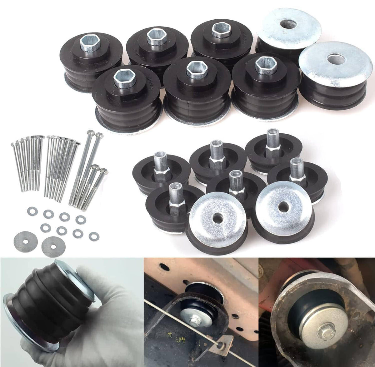 Black body cab mount bushings with metal caps and included installation bolts