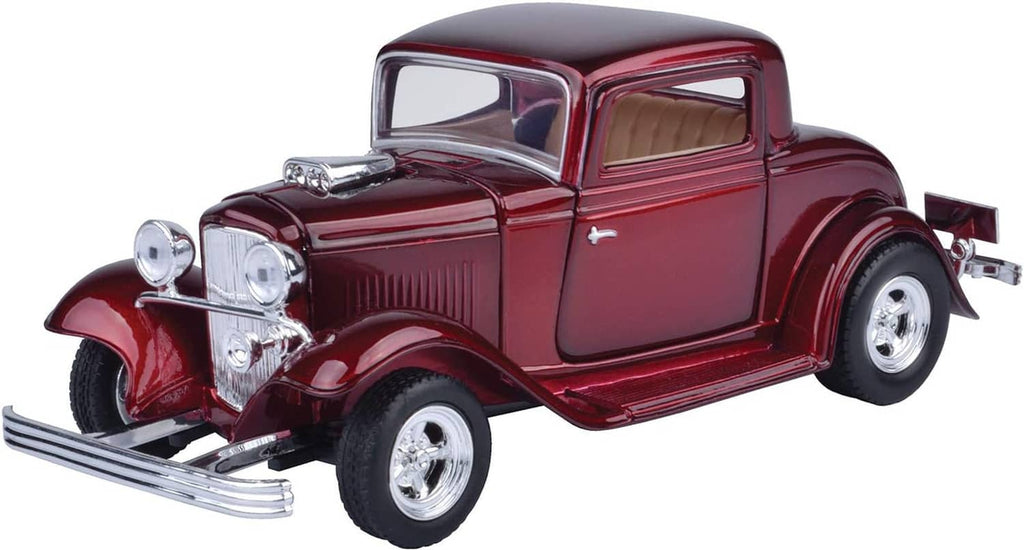 Red 1932 Ford coupe diecast model car front 3/4 view with chrome grille and wheels.