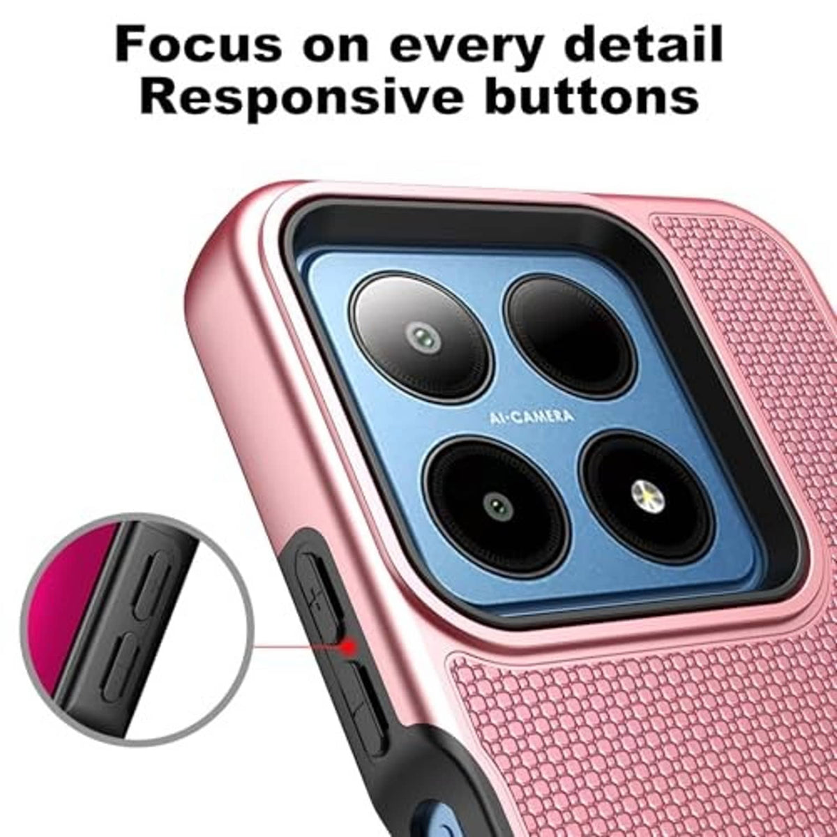 Rose gold textured phone case with responsive side button cutouts and camera module opening