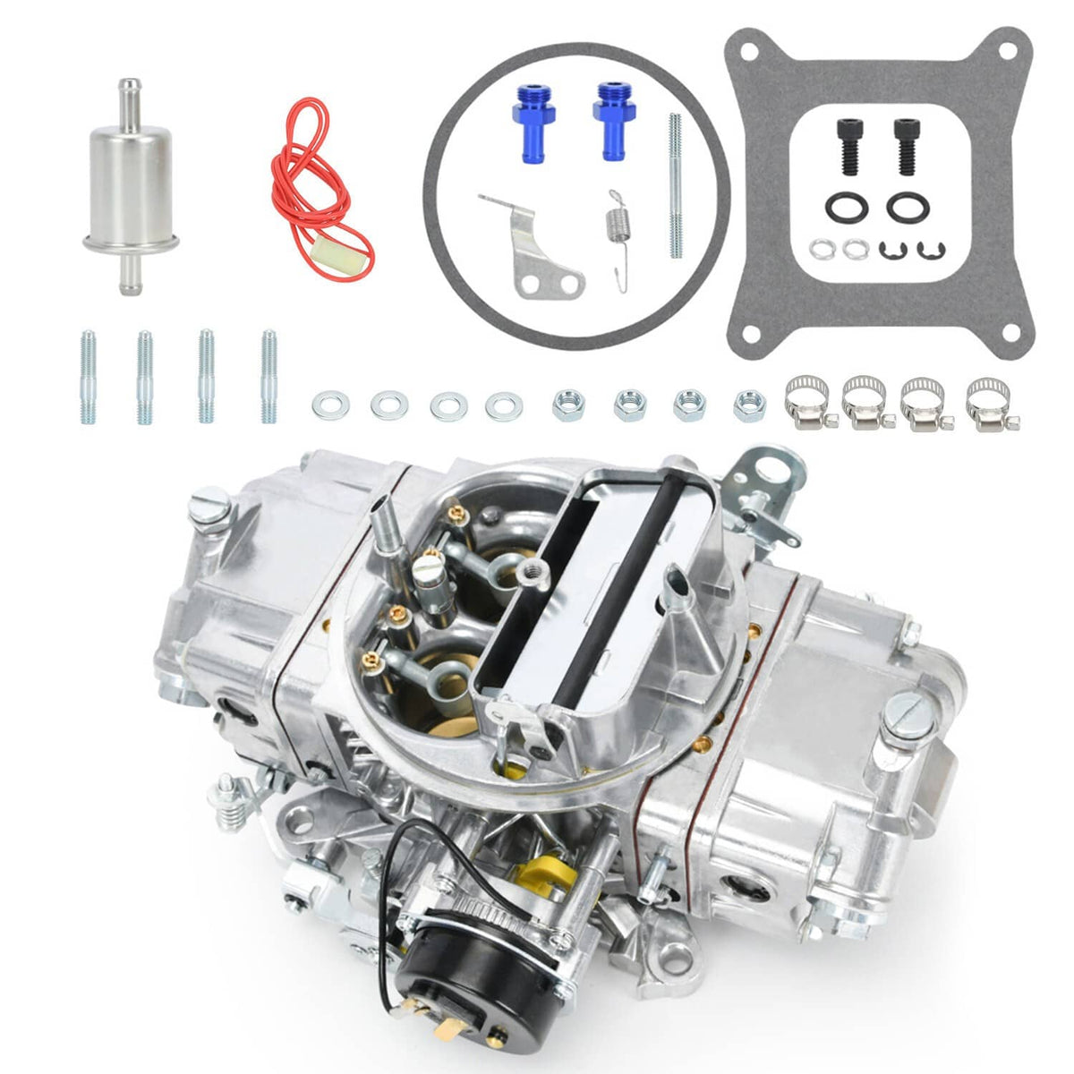 4-barrel carburetor kit with gaskets, bolts, and an e-choke fuel module