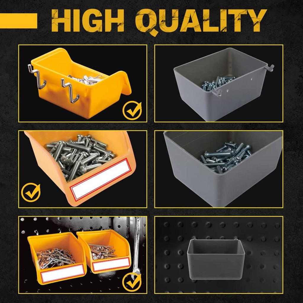 Pegboard hook kit shown in orange and gray bins with screw assortment, quality graphic