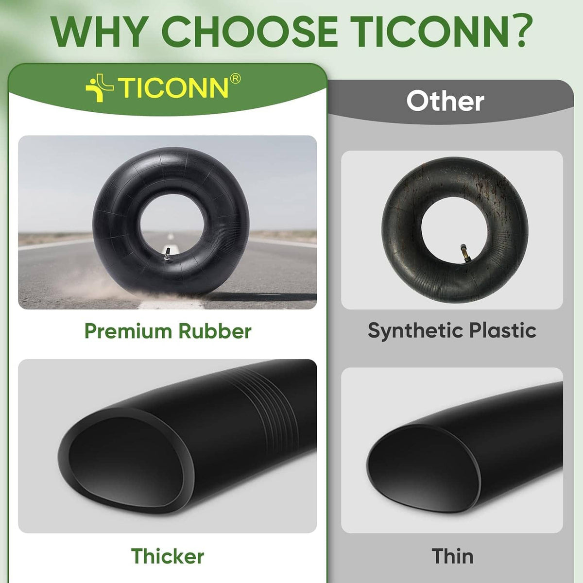 Two black rubber inner tubes with valve stems shown on a comparison graphic