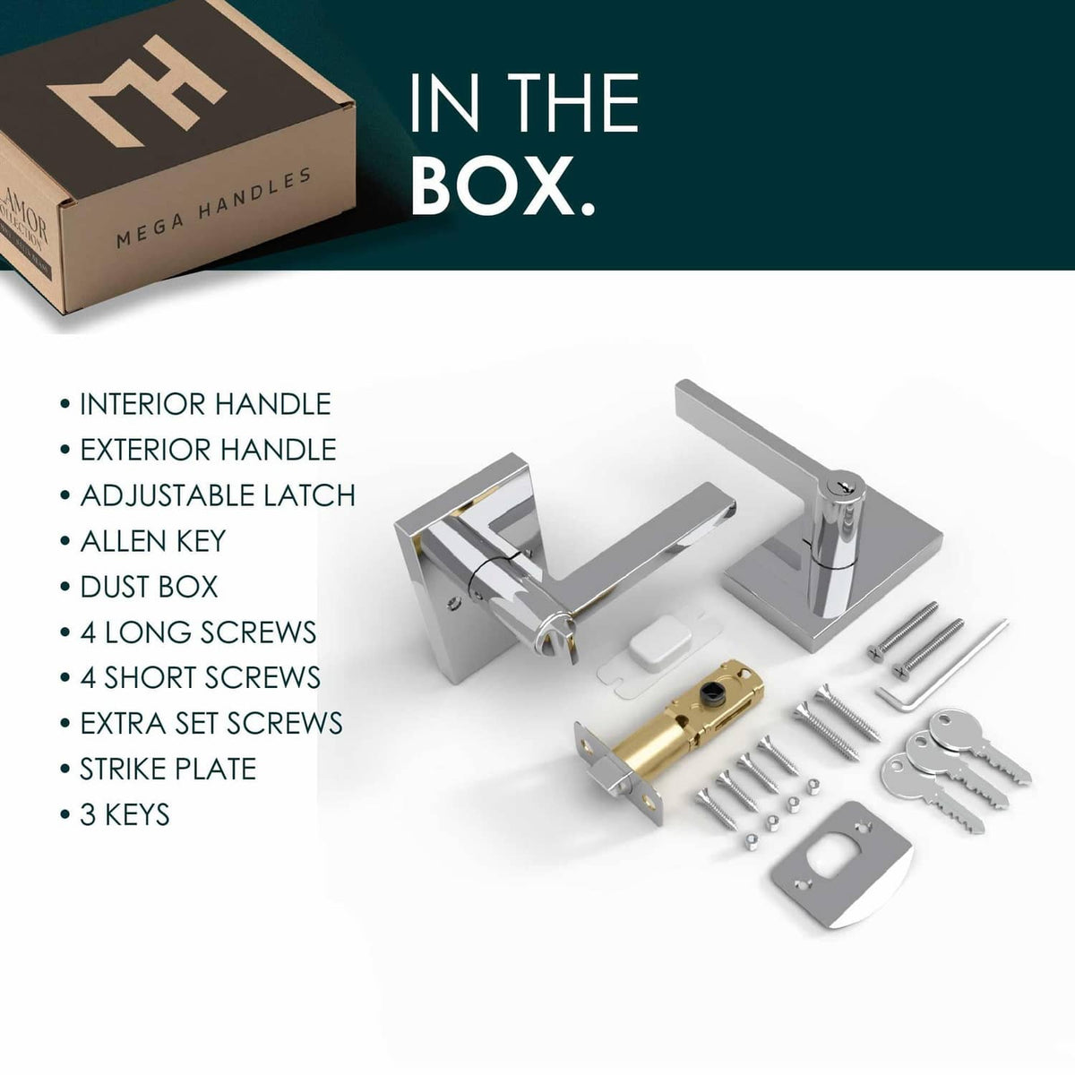 Door lever lock handle kit with keys, adjustable latch, strike plate, and screws