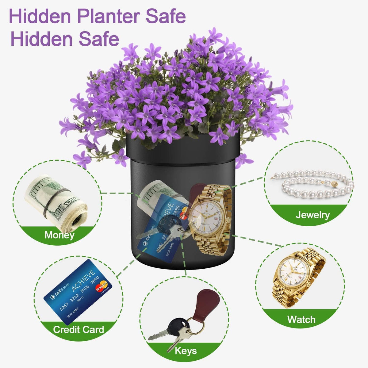 Black hidden planter safe with purple flowers, featuring concealed storage for valuables.