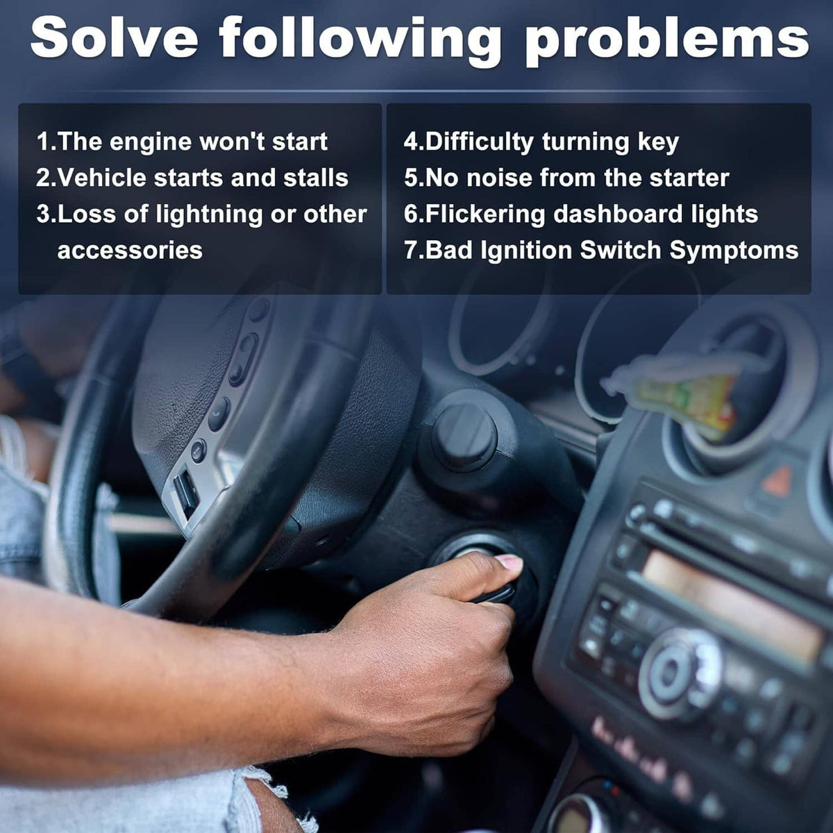 Ignition switch lock cylinder area with a key inserted near the dashboard
